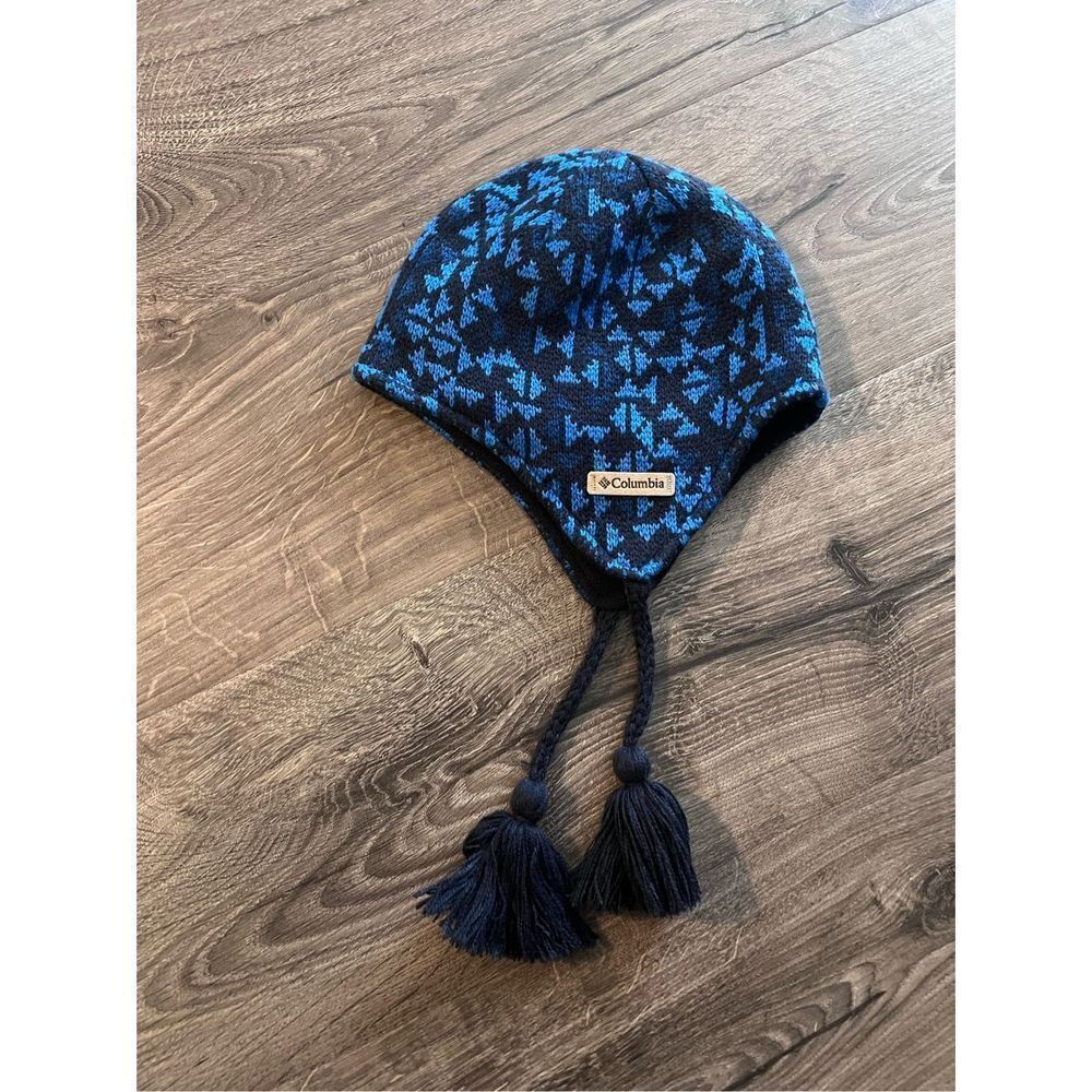 Columbia Youth Sized Tassel Beanie Blue Geometric